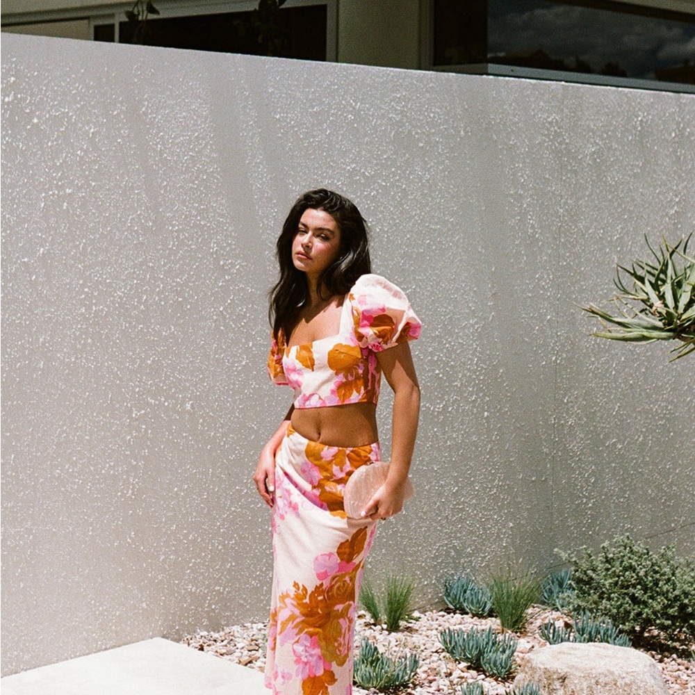 Floral Puff Sleeve Crop Top and Skirt Set